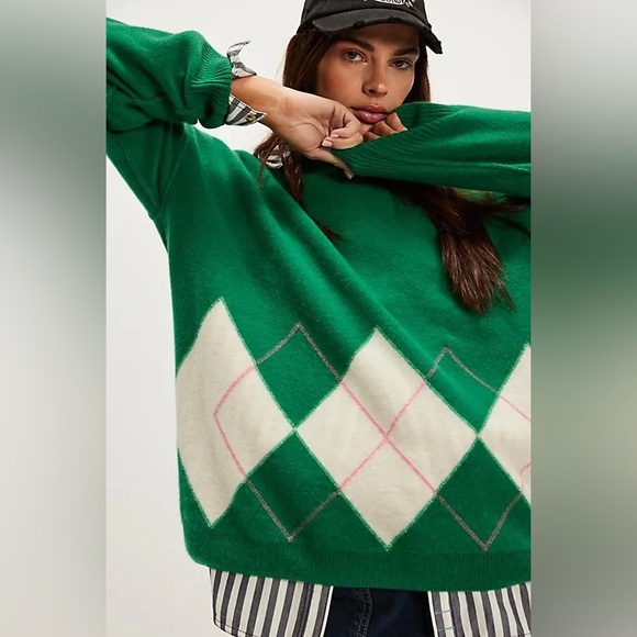Free People Sweater Womens Medium 100% Cashmere Addie Argyle Green Oversized - Picture 6 of 12